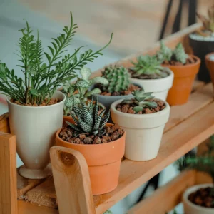 Différentes plantes d'intérieur disposées dans des pots en terracotta, créant une ambiance naturelle et chaleureuse avec une touche de verdure.